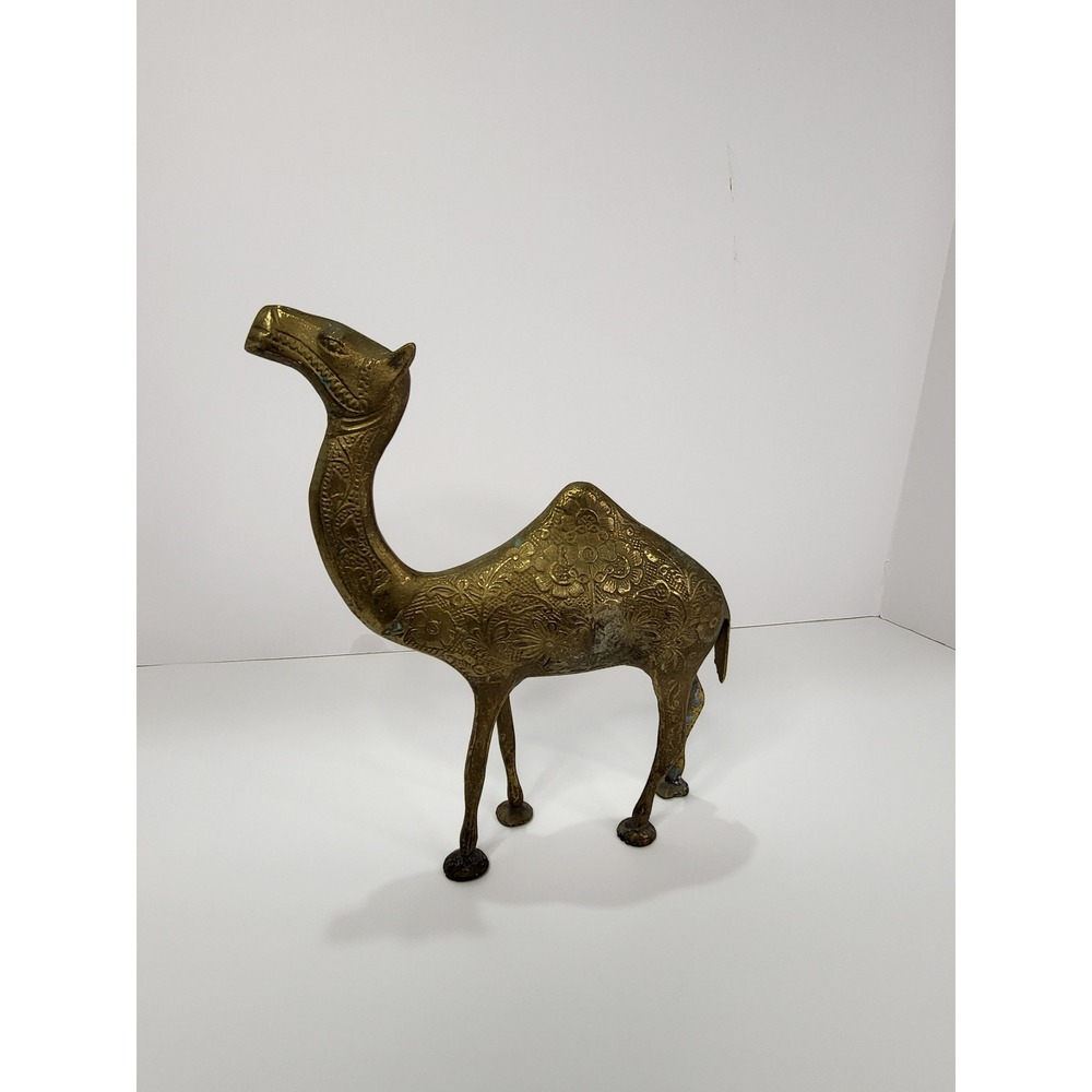 Vintage Etched Brass Camel Figurine Ornate Floral Detail Mid Century Decor 8in